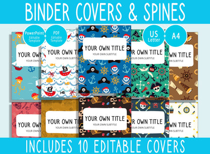 10 Editable Pirate Binder Covers, Includes 1, 1.5, 2" Spines, Available in A4 & US Letter, Editing with PowerPoint or PDF Reader