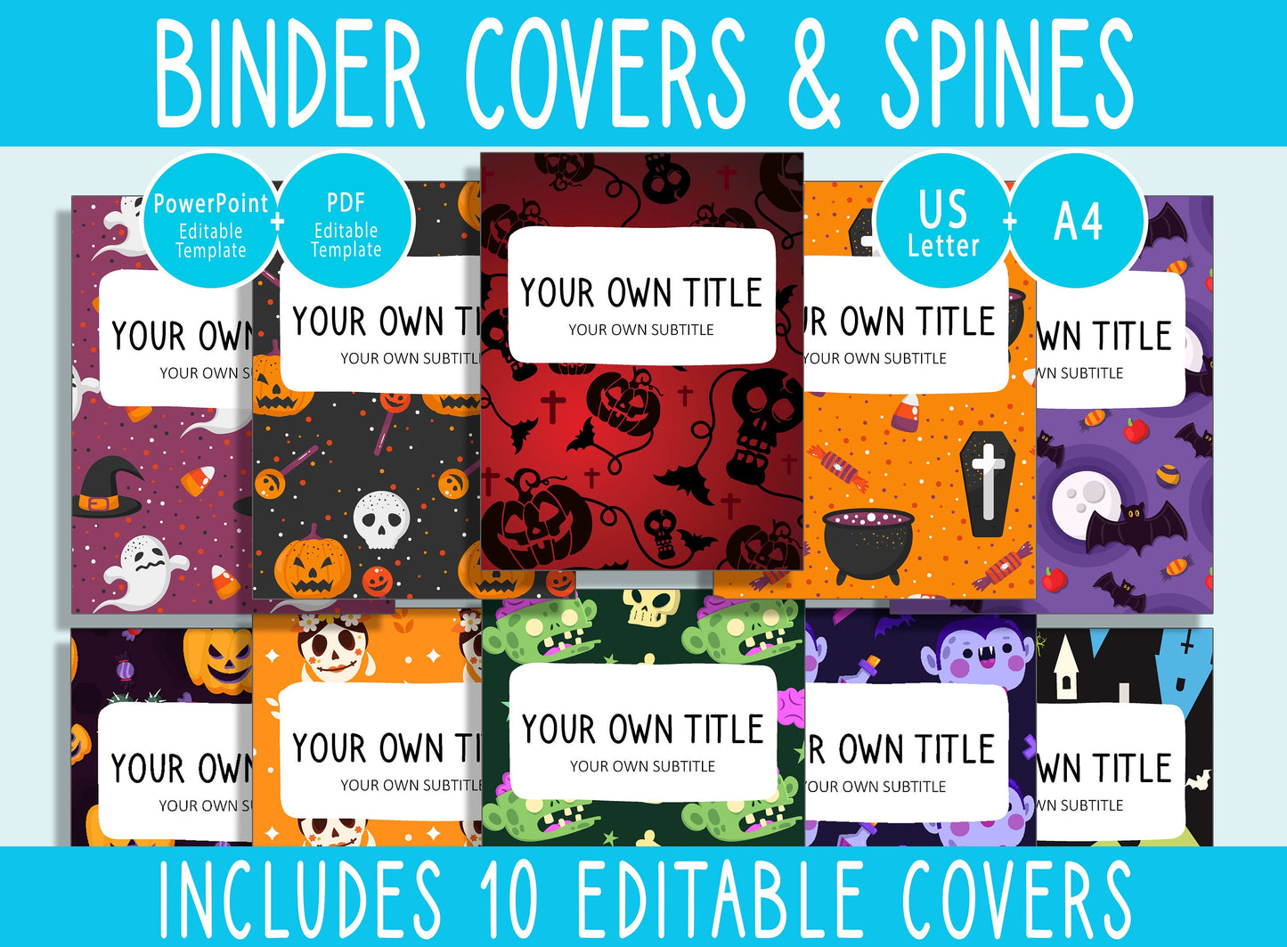 10 Editable Halloween Pattern Binder Covers, Includes 1, 1.5, 2" Spines, Available in A4 & US Letter, Editing with PowerPoint or PDF Reader