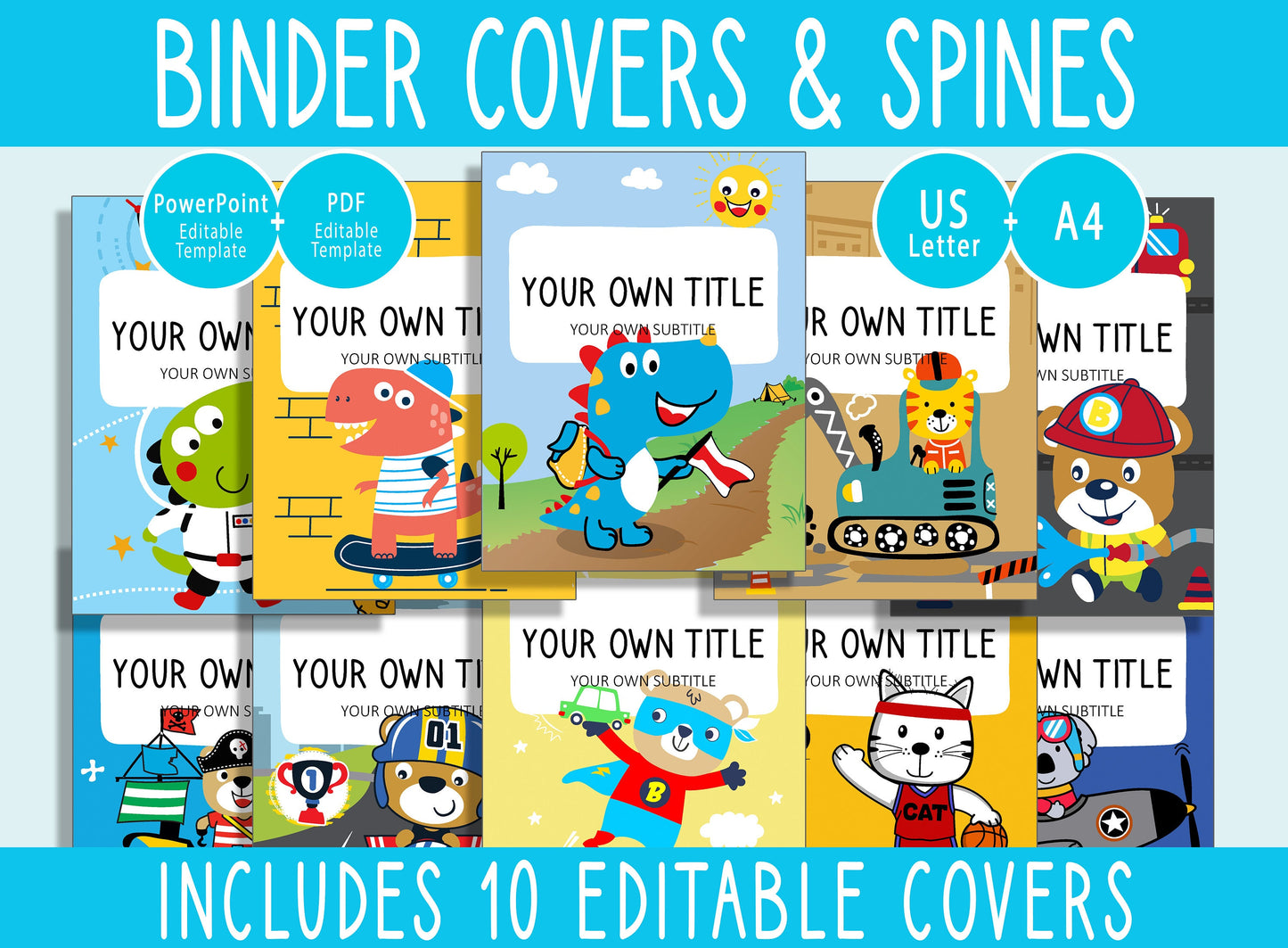 10 Editable Boys Binder Covers, Includes 1, 1.5, 2" Spines, Available in A4 &US Letter, Editing with PowerPoint or PDF Reader