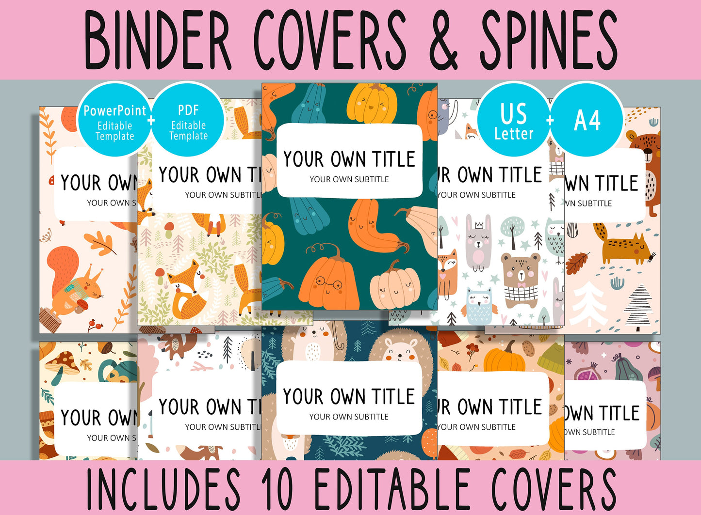 10 Editable Fall/Autumn Binder Covers, Includes 1, 1.5, 2" Spines, Available in A4+US Letter, Editing with PowerPoint or PDF Reader
