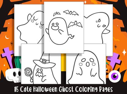 15 Cute Halloween Ghost Coloring Pages, Perfect for Preschool and Kindergarten, PDF File, Instant Download