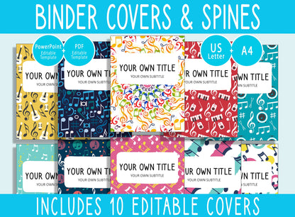 10 Editable Musical Notes Binder Covers, Includes 1, 1.5, 2" Spines, Available in A4+US Letter, Editing with PowerPoint or PDF Reader