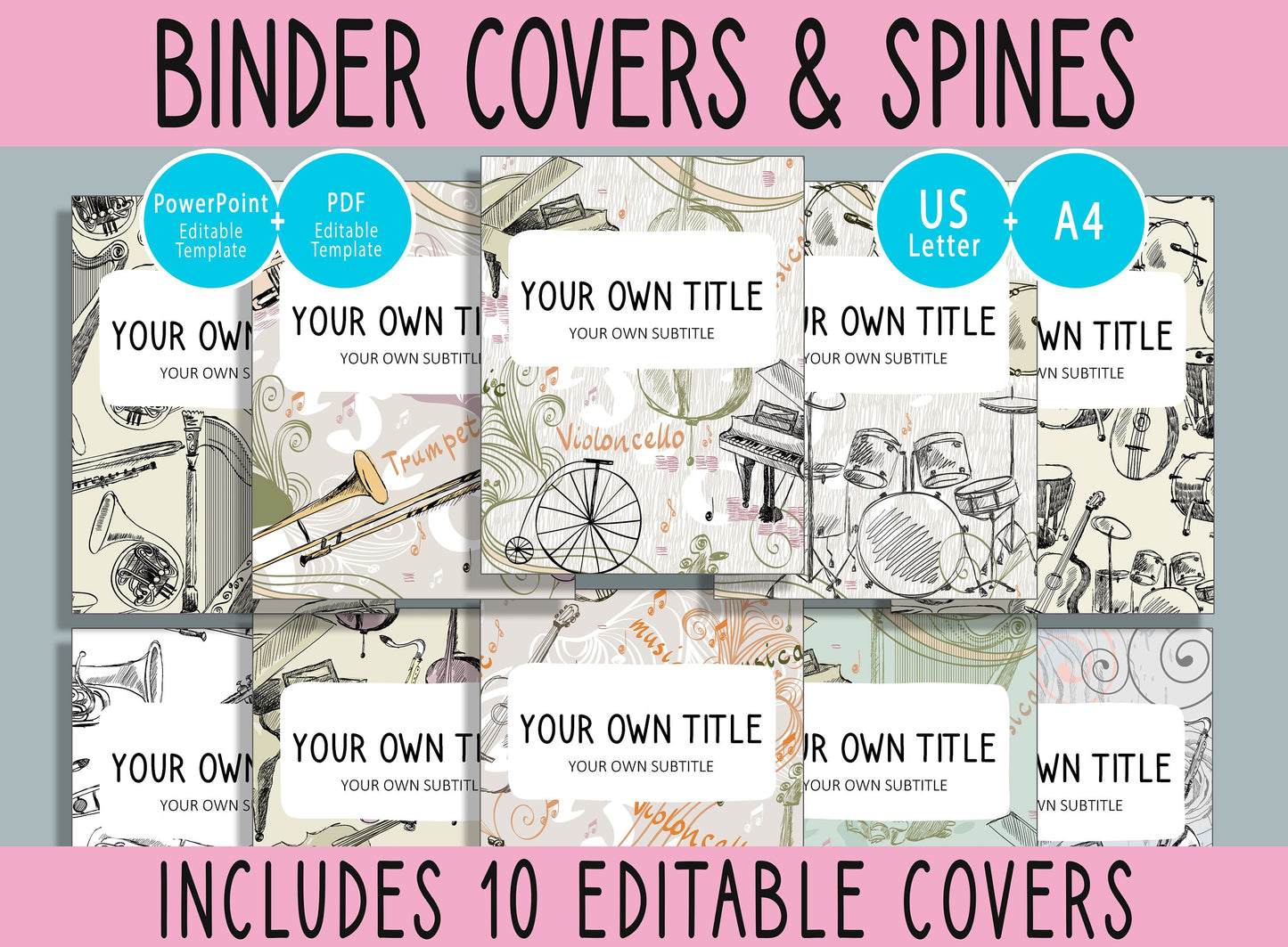 10 Editable Musical Instrument Binder Covers, Includes 1, 1.5, 2" Spines, Available in A4+US Letter, Editing with PowerPoint or PDF Reader