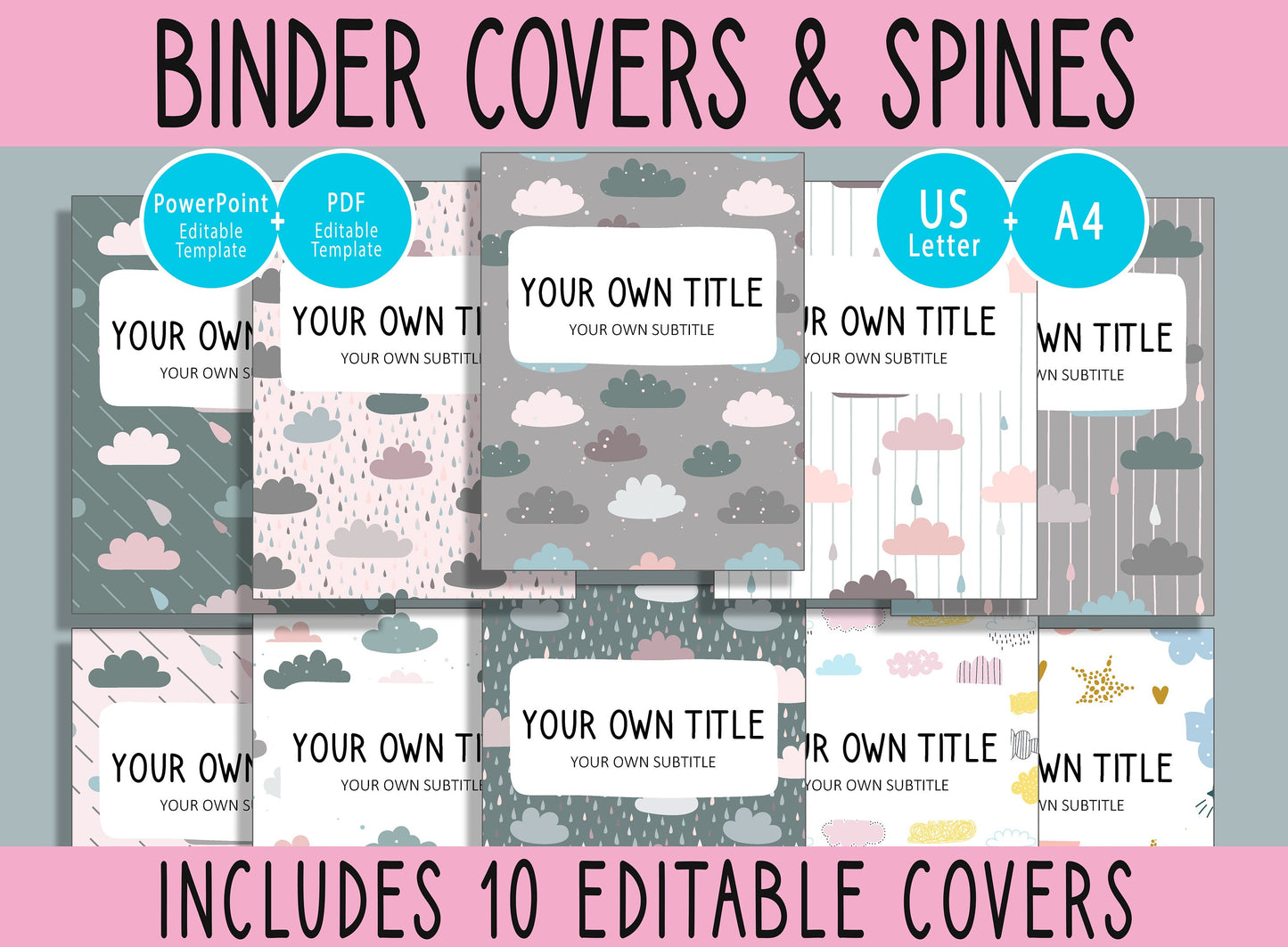 10 Editable Clouds Pattern Binder Covers, Includes 1, 1.5, 2" Spines, Available in A4 & US Letter, Editing with PowerPoint or PDF Reader
