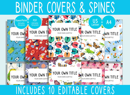 10 Editable Insect/Bug/Beetle Binder Covers, Includes 1", 1.5", 2"Spines, Available in A4 & US Letter, Editing with PowerPoint or PDF Reader