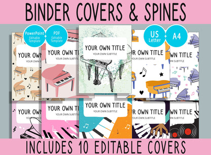 10 Editable Piano Binder Covers, Includes 1, 1.5, 2" Spines, Available in A4 &US Letter, Editing with PowerPoint or PDF Reader