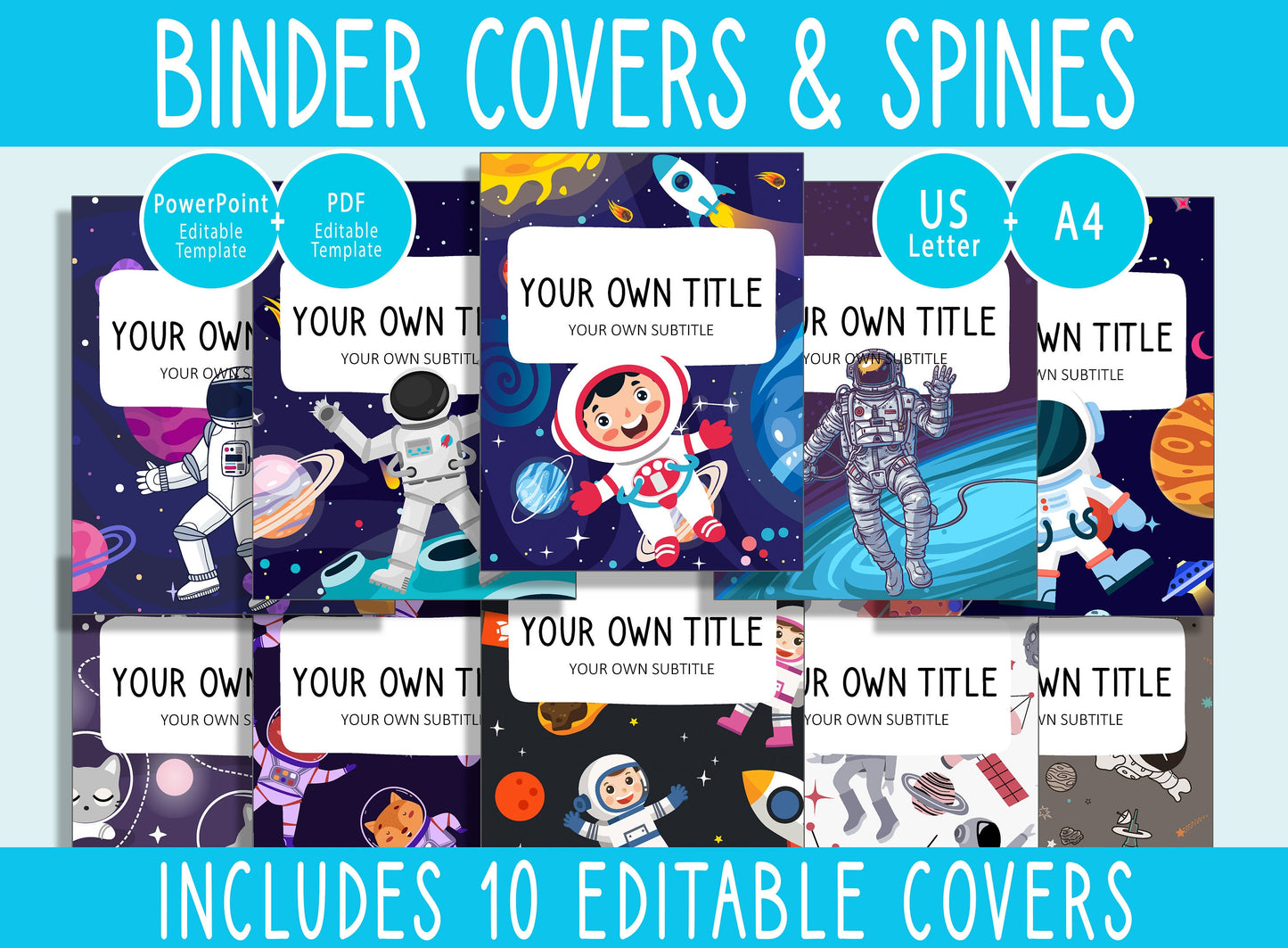 10 Editable Astronaut Binder Covers, Includes 1", 1.5", 2" Spines, Available in A4 & US Letter, Editing with PowerPoint or PDF Reader