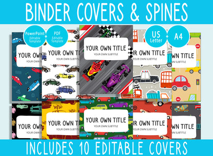 10 Editable Car Pattern Pattern Binder Covers, Includes 1, 1.5, 2" Spines, Available in A4 &US Letter, Editing with PowerPoint or PDF Reader