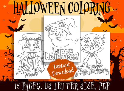 15 Cute Halloween Coloring Pages, Perfect for Preschool and Kindergarten, PDF File, Instant Download