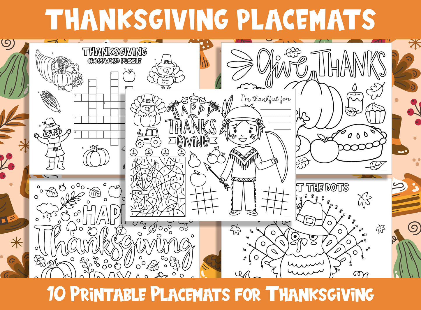 Printable Thanksgiving Placemats - 10 Fun & Educational Pages for Kids, PDF File, US Letter Size, Instant Download