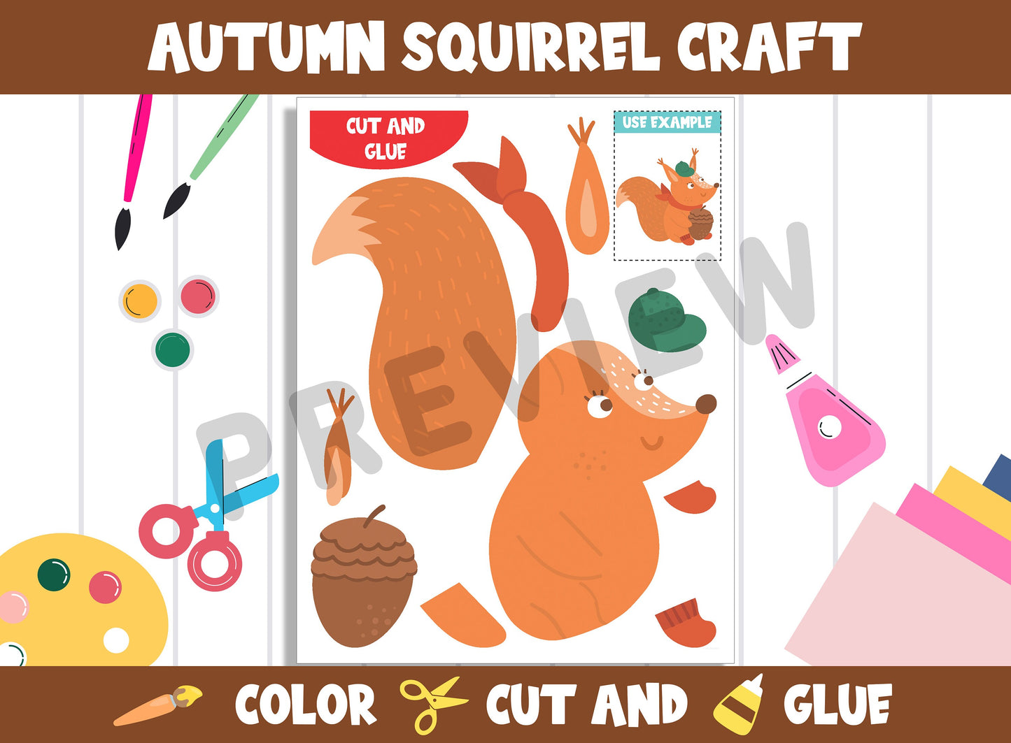 Autumn Squirrel Craft Activity - Color, Cut, and Glue for PreK to 2nd Grade, PDF File, Instant Download