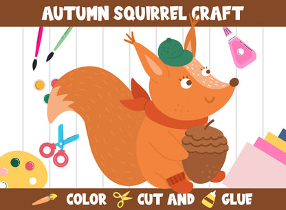 Autumn Squirrel Craft Activity - Color, Cut, and Glue for PreK to 2nd Grade, PDF File, Instant Download