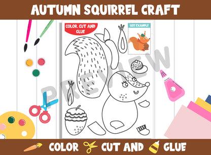 Autumn Squirrel Craft Activity - Color, Cut, and Glue for PreK to 2nd Grade, PDF File, Instant Download