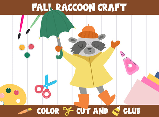 Fall Raccoon Craft Activity - Color, Cut, and Glue for PreK to 2nd Grade, PDF File, Instant Download