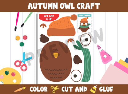 Autumn Owl Craft Activity - Color, Cut, and Glue for PreK to 2nd Grade, PDF File, Instant Download