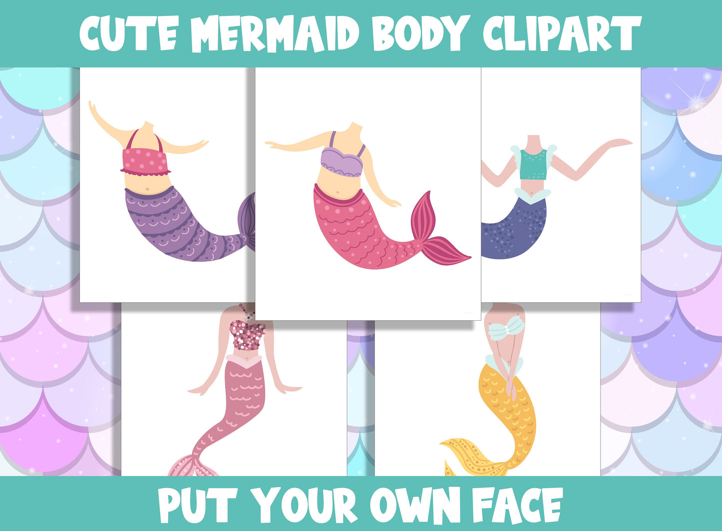 Cute Mermaid Body Clipart Collection for PreK to 6th Grade, 20 Pages, PDF File, Instant Download