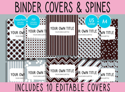 10 Editable Brown/Gray Geometric Binder Covers, Includes 1,1.5,2" Spines, Available in A4 & US Letter, Editing with PowerPoint or PDF Reader