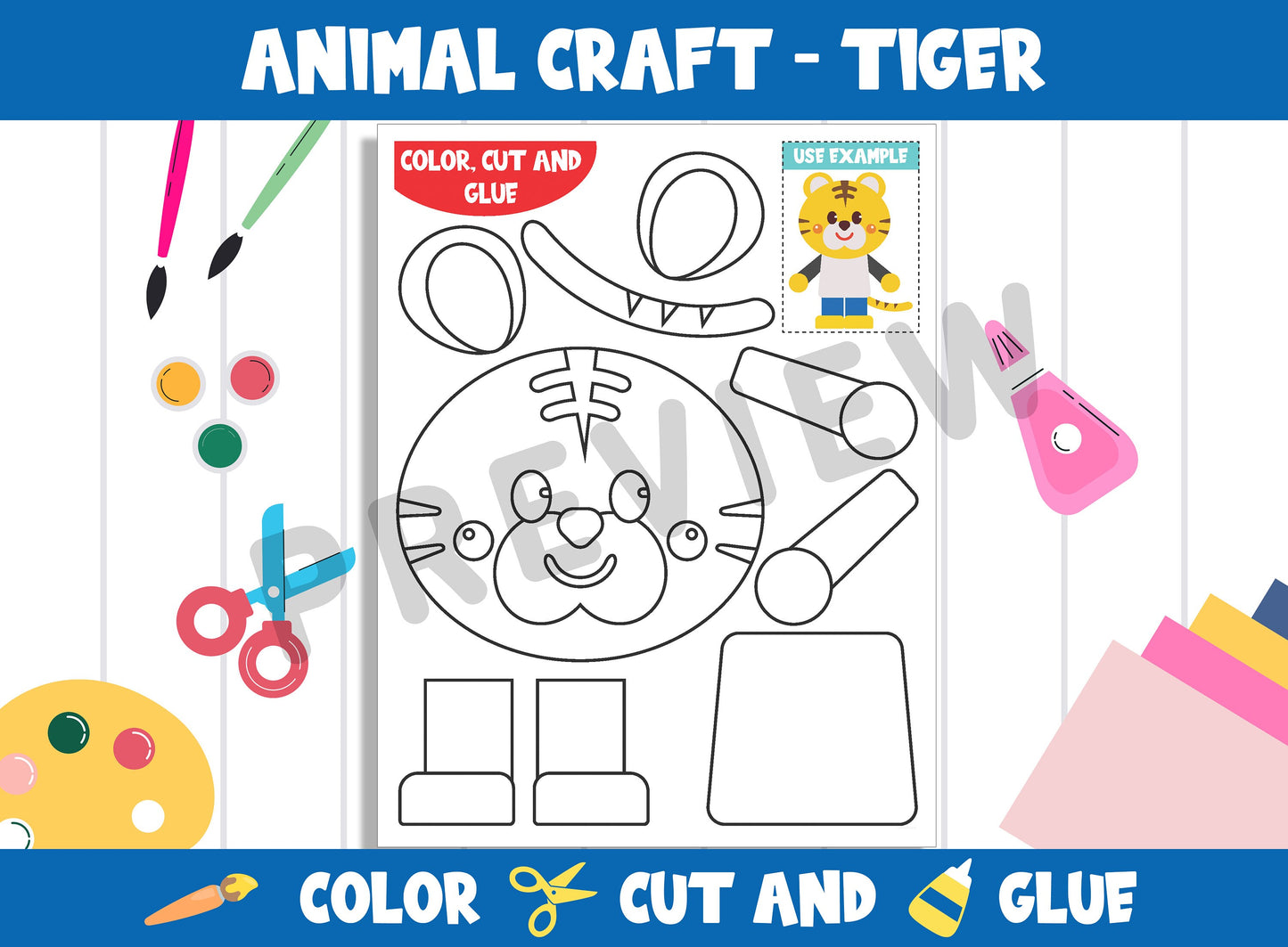Animal Craft Activity - Tiger : Color, Cut, and Glue for PreK to 2nd Grade, PDF File, Instant Download