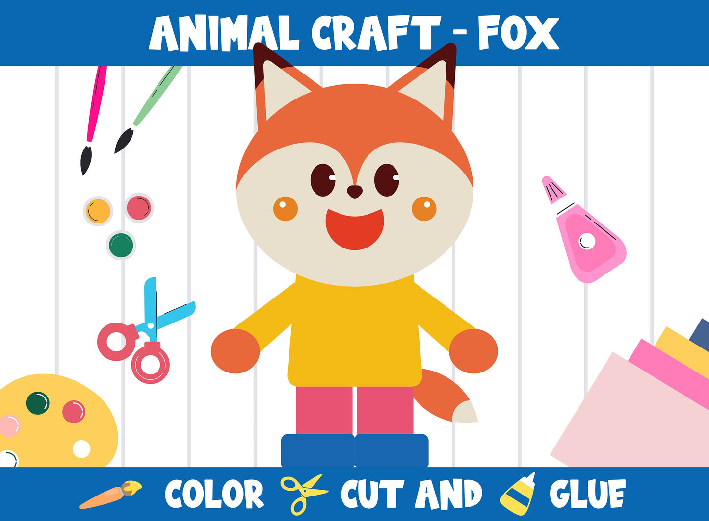 Animal Craft Activity - Fox : Color, Cut, and Glue for PreK to 2nd Grade, PDF File, Instant Download