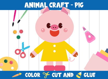 Animal Craft Activity - Pig : Color, Cut, and Glue for PreK to 2nd Grade, PDF File, Instant Download