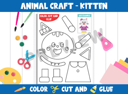 Animal Craft Activity - Kitten : Color, Cut, and Glue for PreK to 2nd Grade, PDF File, Instant Download