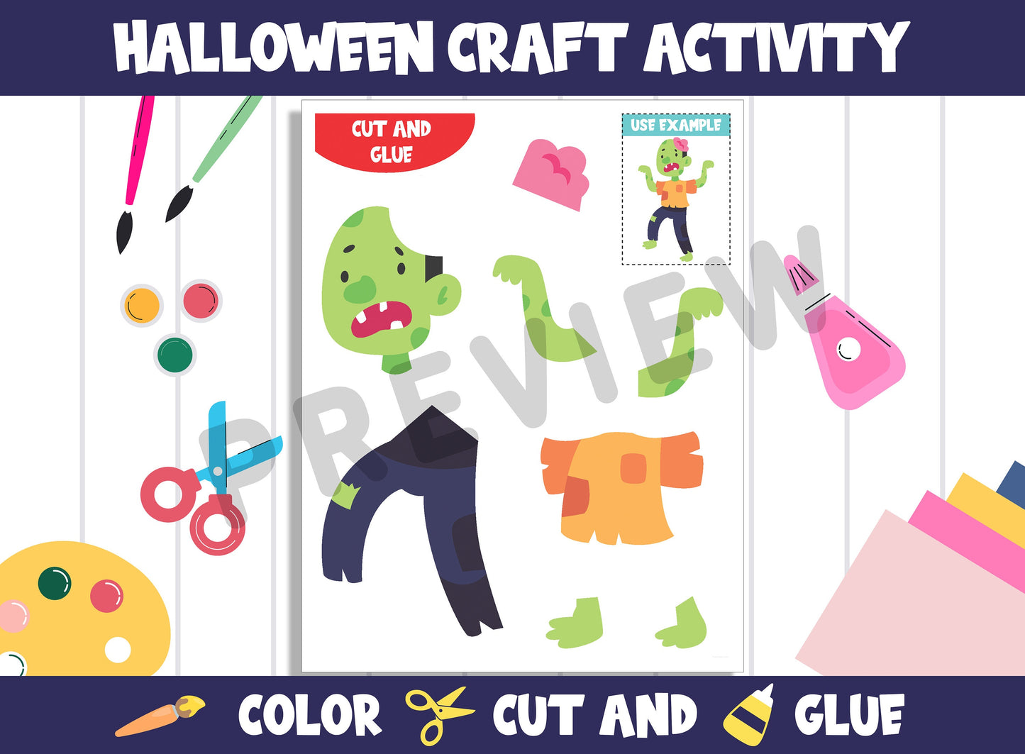 Cute Halloween Character Craft Activity - Color, Cut, and Glue for PreK to 2nd Grade, PDF File, Instant Download