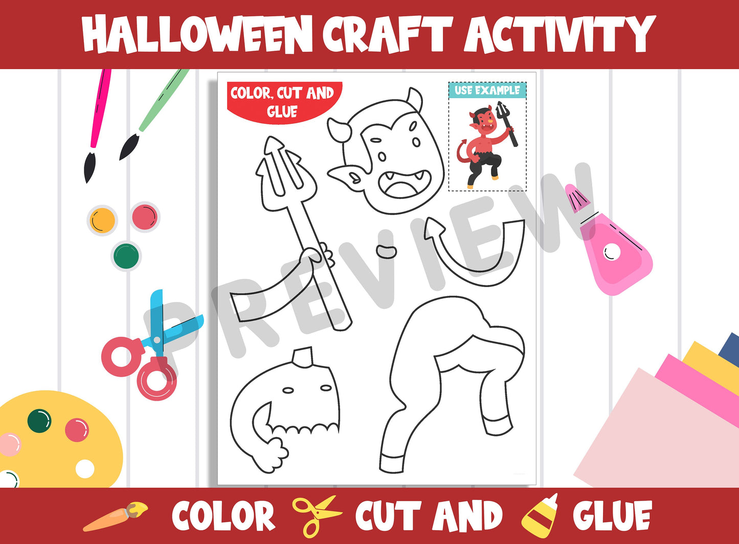 Halloween Character Craft Activity - Devil - Color, Cut, and Glue for PreK to 2nd Grade, PDF File, Instant Download