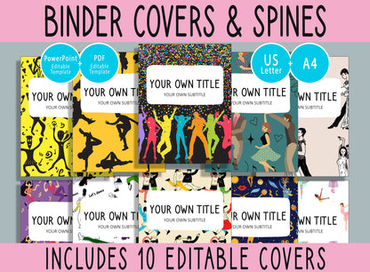 10 Editable Dancing Binder Covers, Includes 1, 1.5, 2" Spines, Available in A4 &US Letter, Editing with PowerPoint or PDF Reader
