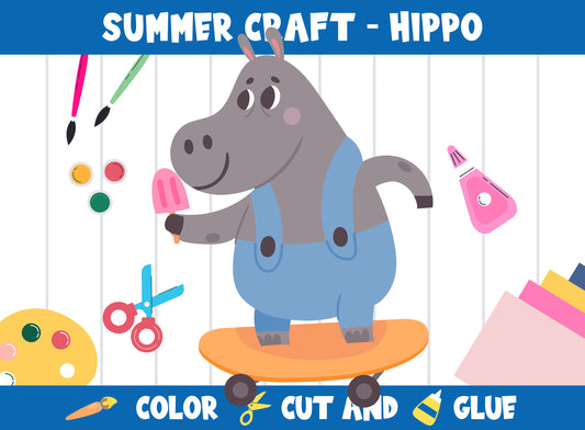 Summer Craft Activity: Hippo - Color, Cut, and Glue for PreK to 2nd Grade, PDF File, Instant Download