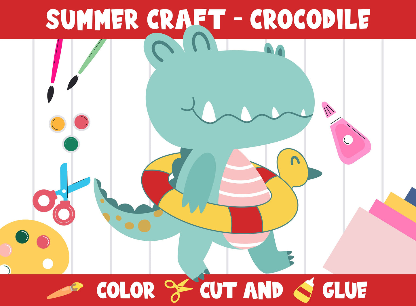 Summer Craft Activity: Crocodile - Color, Cut, and Glue for PreK to 2nd Grade, PDF File, Instant Download