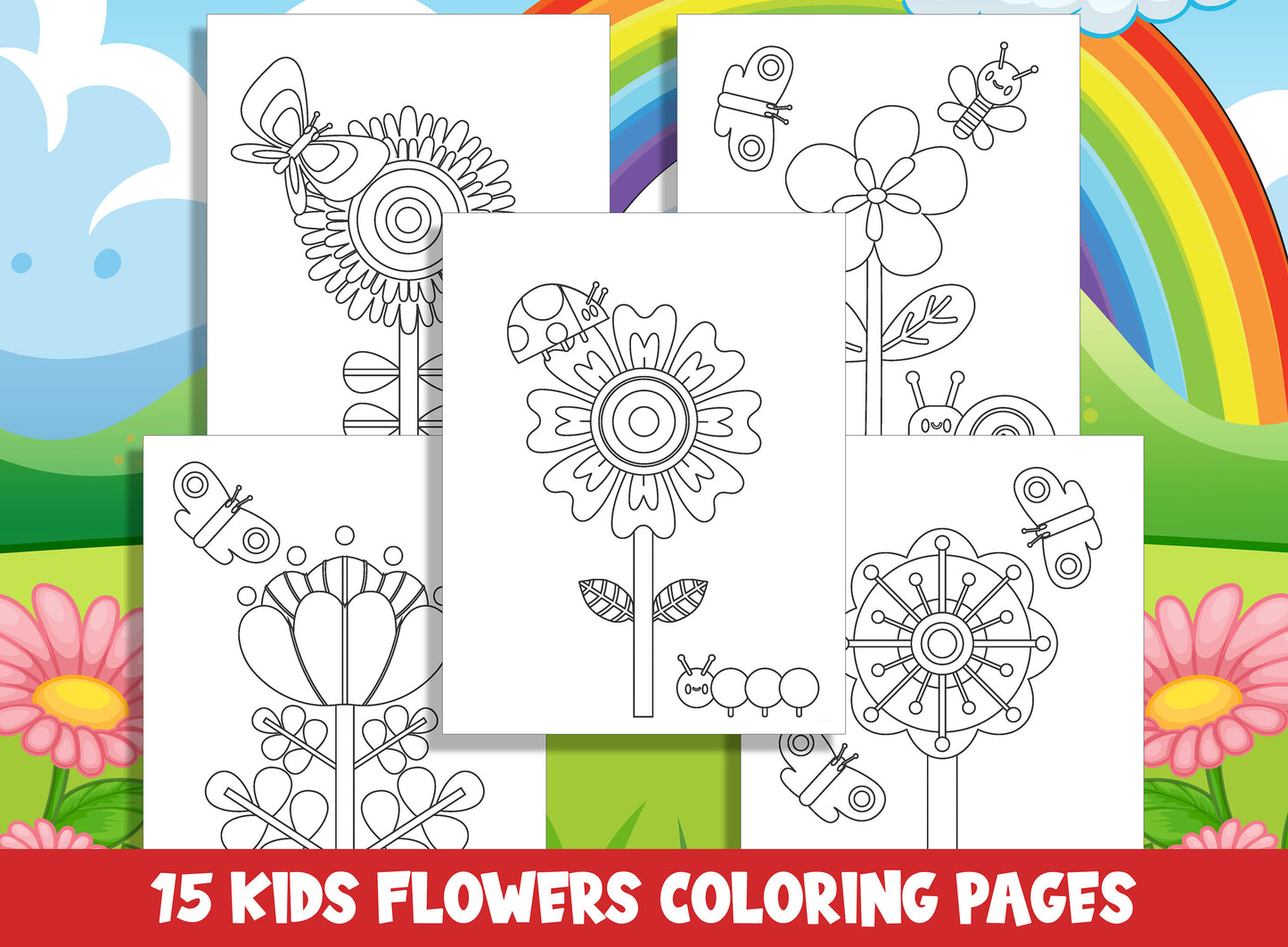 Blooming Beauty: Kids Flowers Coloring Pages for Spring and Summer Garden, 15 Pages, PDF File, Instant Download