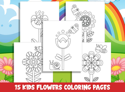 Blooming Beauty: Kids Flowers Coloring Pages for Spring and Summer Garden, 15 Pages, PDF File, Instant Download