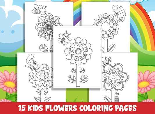 Blooming Beauty: Kids Flowers Coloring Pages for Spring and Summer Garden, 15 Pages, PDF File, Instant Download