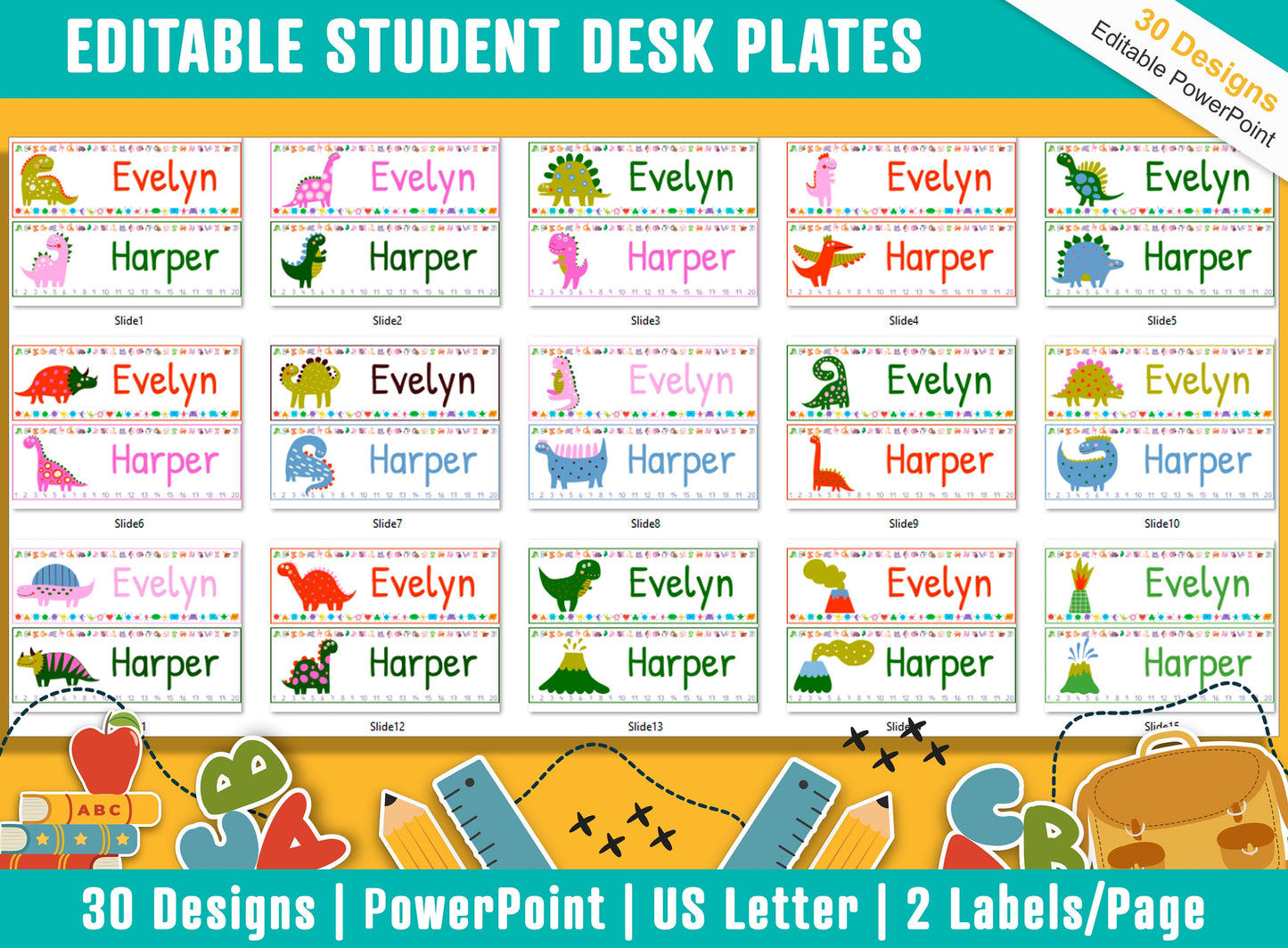 Dinosaur-Themed Student Desk Plates: 30 Unique Designs - Editable with PowerPoint, US Letter Size, Instant Download