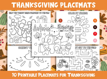 Printable Thanksgiving Placemats - 10 Fun & Educational Pages for Kids, PDF File, US Letter Size, Instant Download