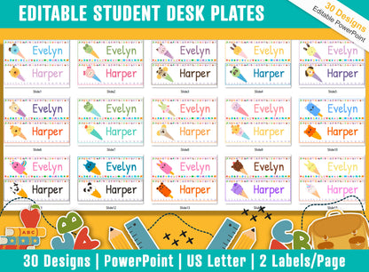 Animals Ice Cream Student Desk Plates: 30 Editable Designs with PowerPoint, US Letter Size, Instant Download