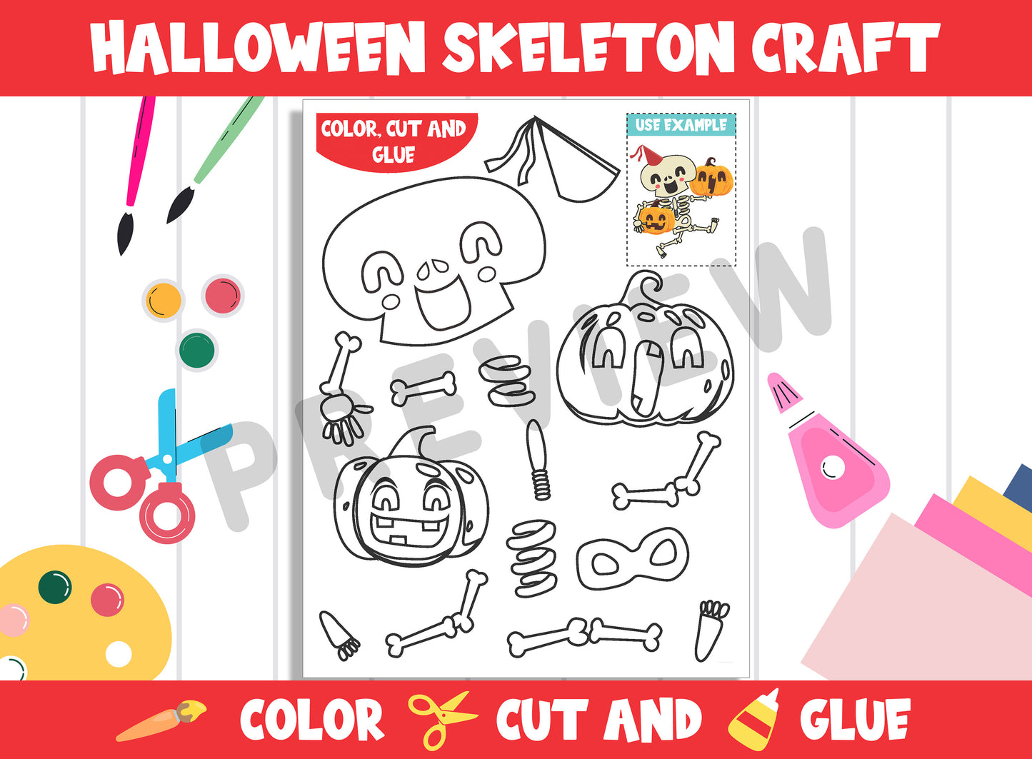 Halloween Skeleton Craft Activity - Color, Cut, and Glue for PreK to 2nd Grade, PDF File, Instant Download