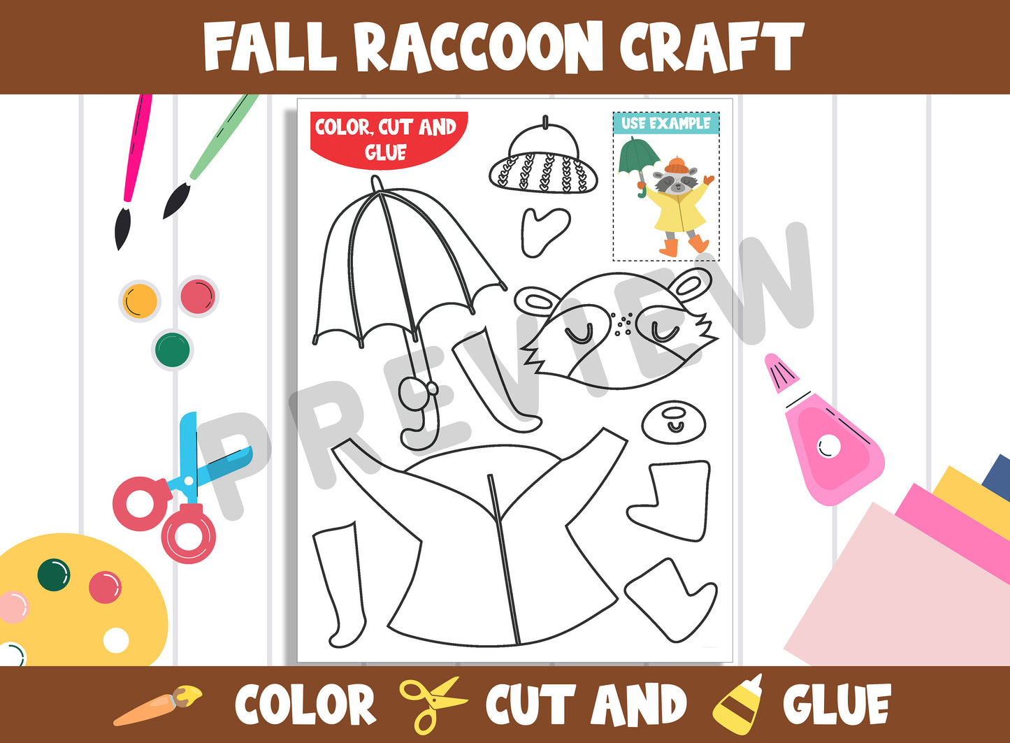 Fall Raccoon Craft Activity - Color, Cut, and Glue for PreK to 2nd Grade, PDF File, Instant Download