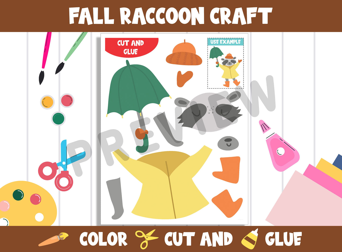 Fall Raccoon Craft Activity - Color, Cut, and Glue for PreK to 2nd Grade, PDF File, Instant Download