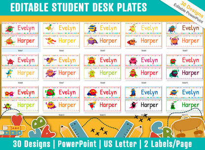 Fruit Superhero Student Desk Plates: 30 Editable Designs with PowerPoint, US Letter Size, Instant Download