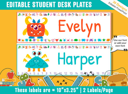 Monster Student Desk Plates: 30 Editable Designs with PowerPoint, US Letter Size, Instant Download
