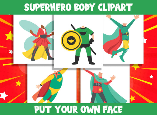 Superhero Kids (Boys and Girls) Body Clipart Set for PreK to 6th Grade, 20 Pages, PDF File, Instant Download