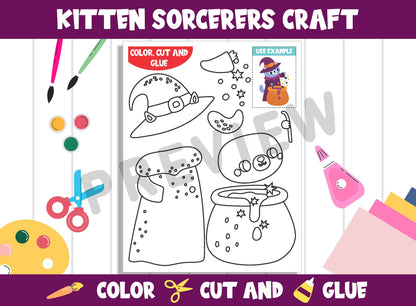 Halloween - Funny Kitten Sorcerers Craft Activity - Color, Cut, and Glue for PreK to 2nd Grade, PDF File, Instant Download