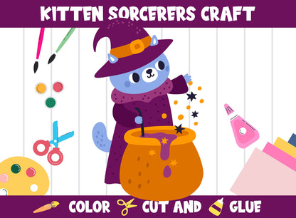 Halloween - Funny Kitten Sorcerers Craft Activity - Color, Cut, and Glue for PreK to 2nd Grade, PDF File, Instant Download