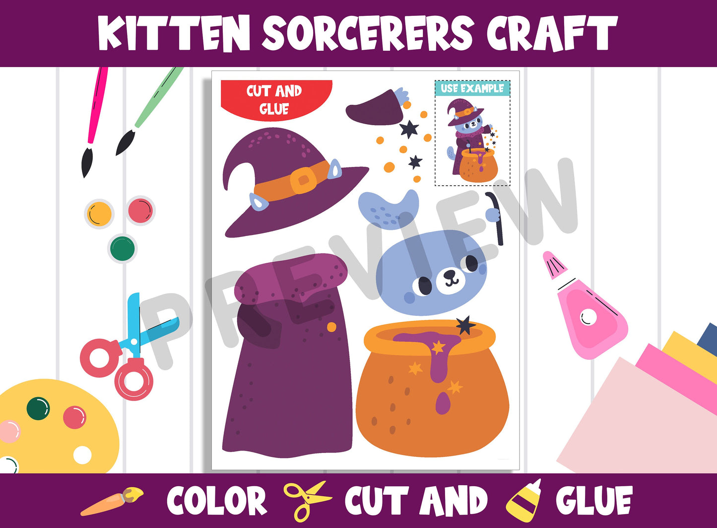 Halloween - Funny Kitten Sorcerers Craft Activity - Color, Cut, and Glue for PreK to 2nd Grade, PDF File, Instant Download