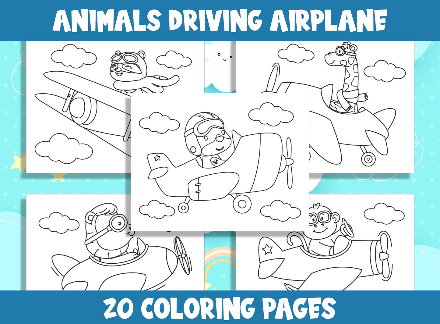 15 Cute Animals Driving Airplane Coloring Pages for Preschool and Kindergarten, PDF File, Instant Download