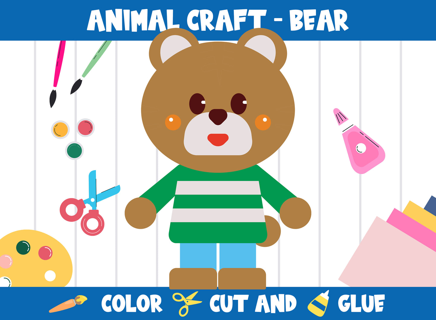 Animal Craft Activity - Bear : Color, Cut, and Glue for PreK to 2nd Grade, PDF File, Instant Download