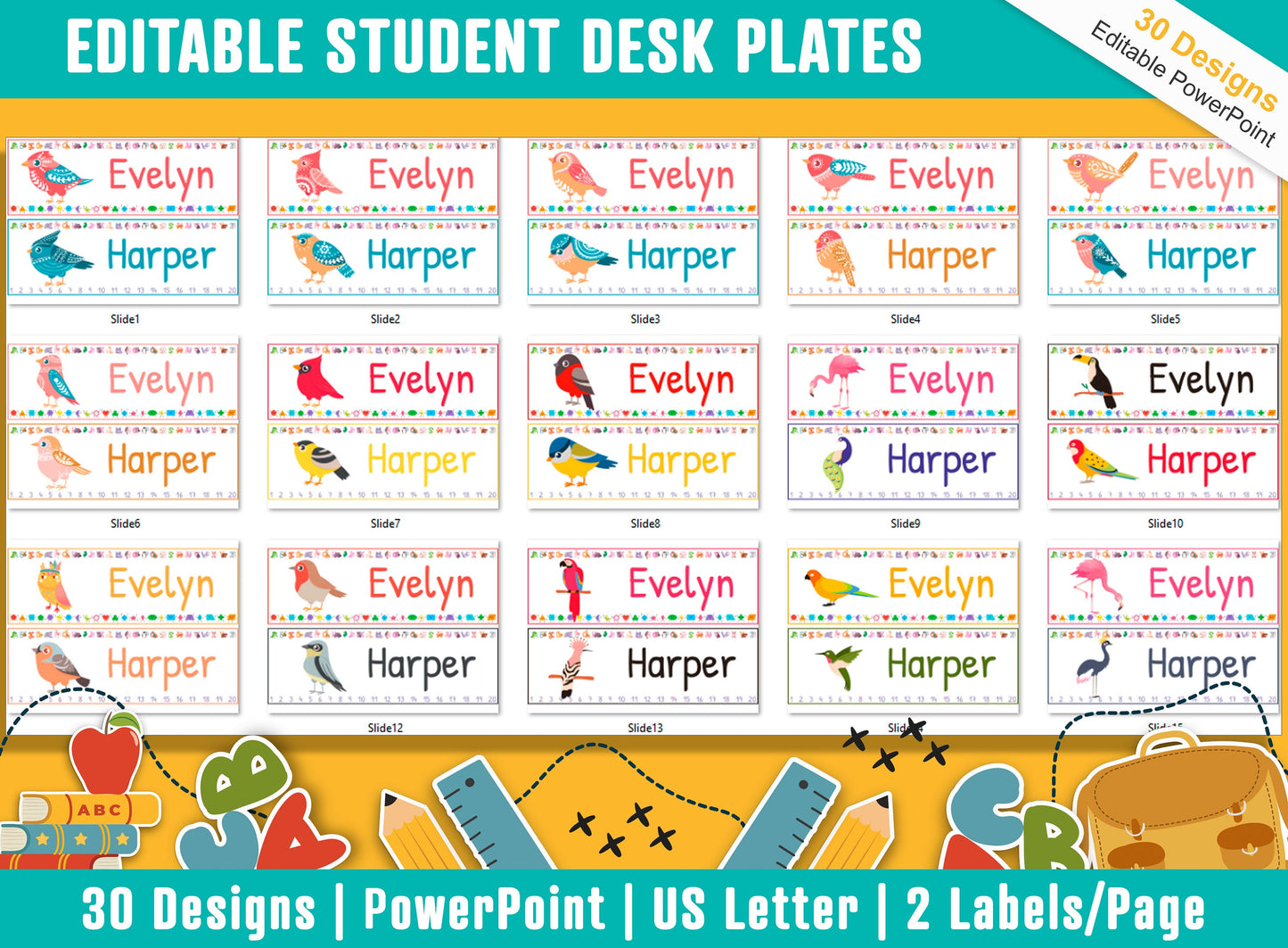 Cute Bird Student Desk Plates: 30 Editable Designs with PowerPoint, US Letter Size, Instant Download