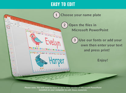 Cute Bird Student Desk Plates: 30 Editable Designs with PowerPoint, US Letter Size, Instant Download