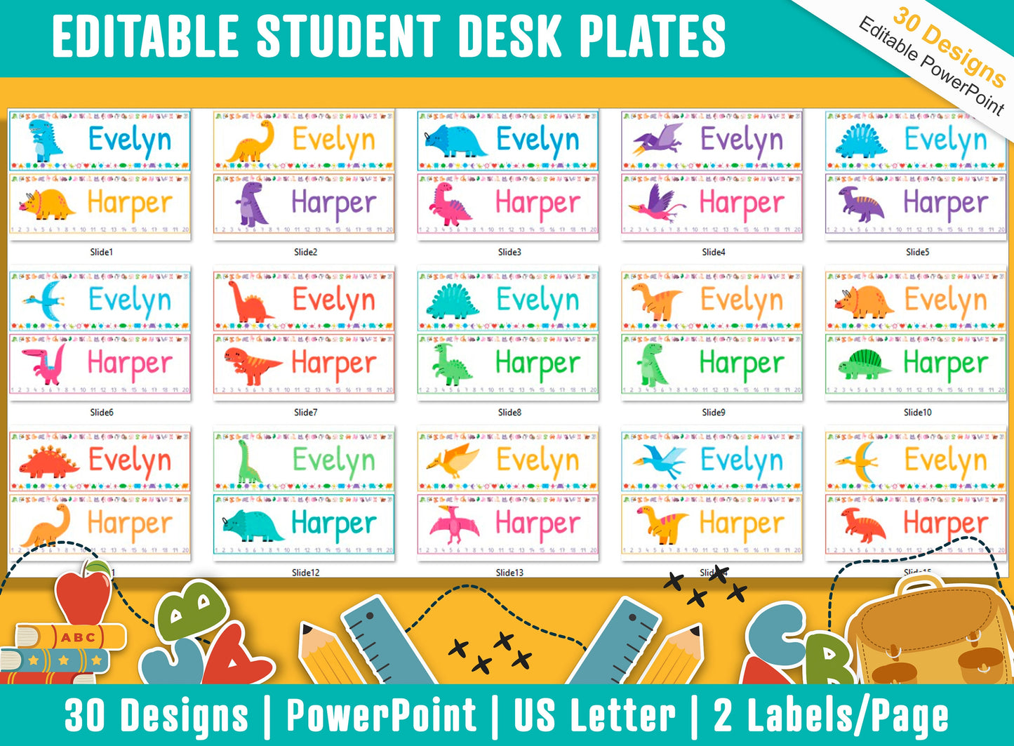 Baby Dinosaur Student Desk Plates: 30 Editable Designs with PowerPoint, US Letter Size, Instant Download